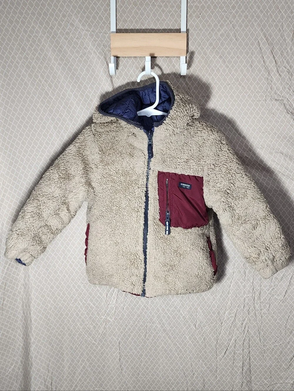 Oshkosh B'gosh Reversible Blue Maroon Full Zip Hooded Puffer Coat Boy's 4 Used